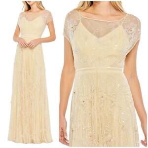 Mac Duggal NWT Yellow Embellished Beaded Illusion Cap Sleeve Gown Size 14 V-Back